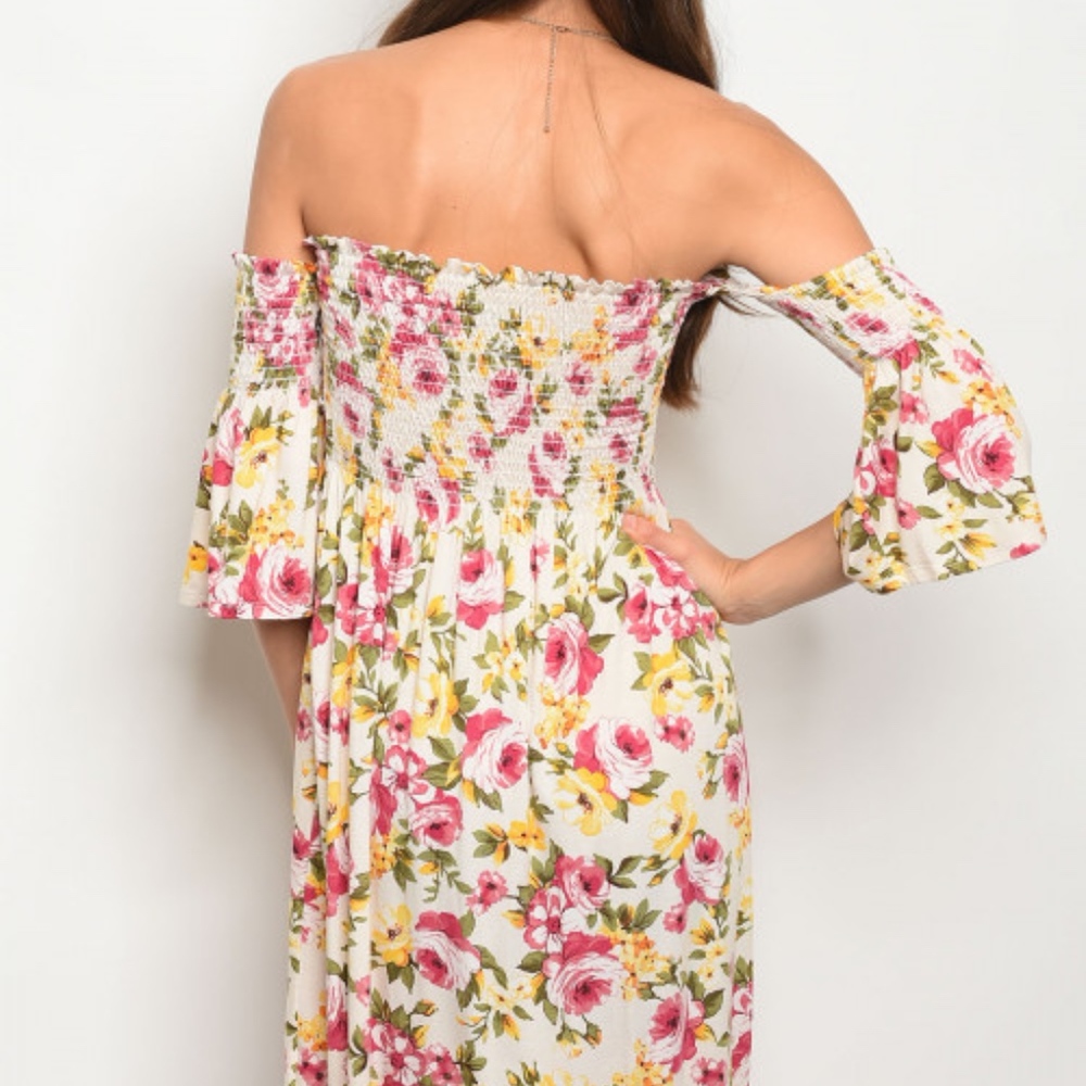 "AMELIA" IVORY FLORAL OPEN SHOULDER DRESS - Picture 3 of 6